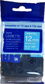 Huismerk Brother TZE-535 wit op blauw breedte 12 mm