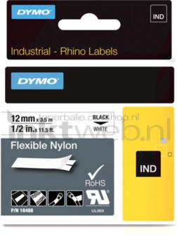 Dymo Rhino Flexibele Nylon tape zwart op wit breedte 12 mm