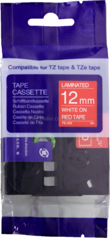 Huismerk Brother TZE-435 wit op rood breedte 12 mm
