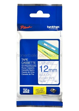 Brother TZE-133 blauw op transparant breedte 12 mm