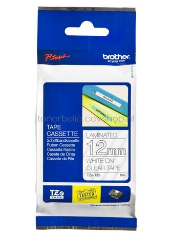 Brother TZE-135 wit op transparant breedte 12 mm