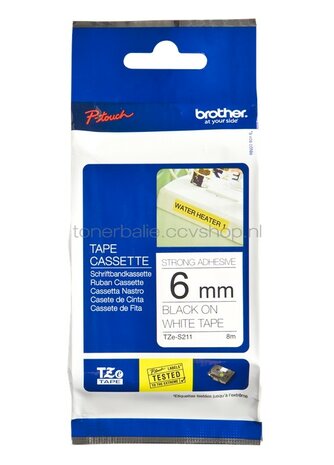 Brother TZE-S211 Sterk klevend zwart op wit breedte 6 mm