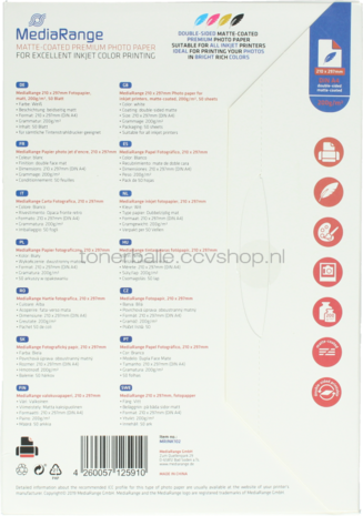 MediaRange Fotopapier Mat | A4 | 200 gr/m&sup2; 50 vellen