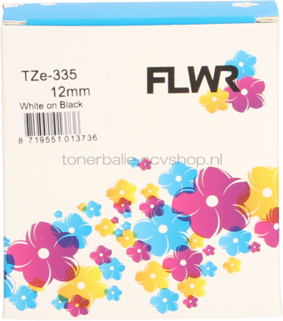 FLWR Brother TZe-335 wit op zwart breedte 12 mm