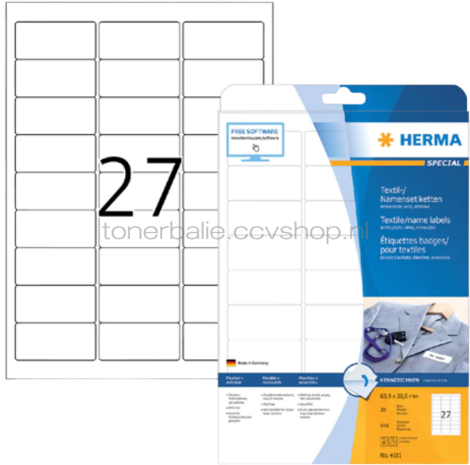 Herma 4511 Verwijderbare textiele naametiket 63,5 x 29,6mm wit