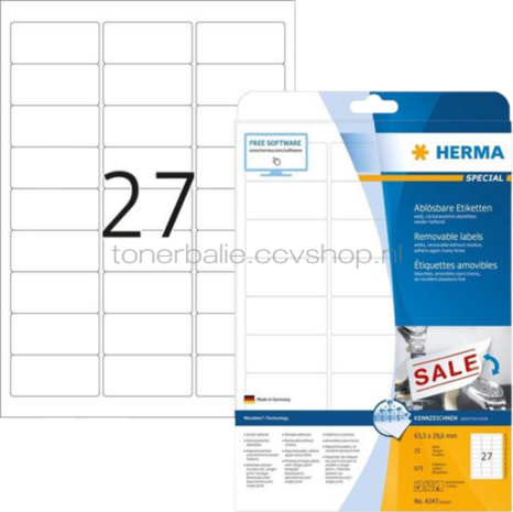 Herma 4347 Verwijderbare papieretiket 63,5 x 29,6mm wit
