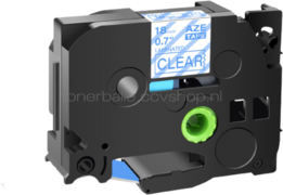 Huismerk Brother TZe-143 blauw op transparant breedte 18 mm